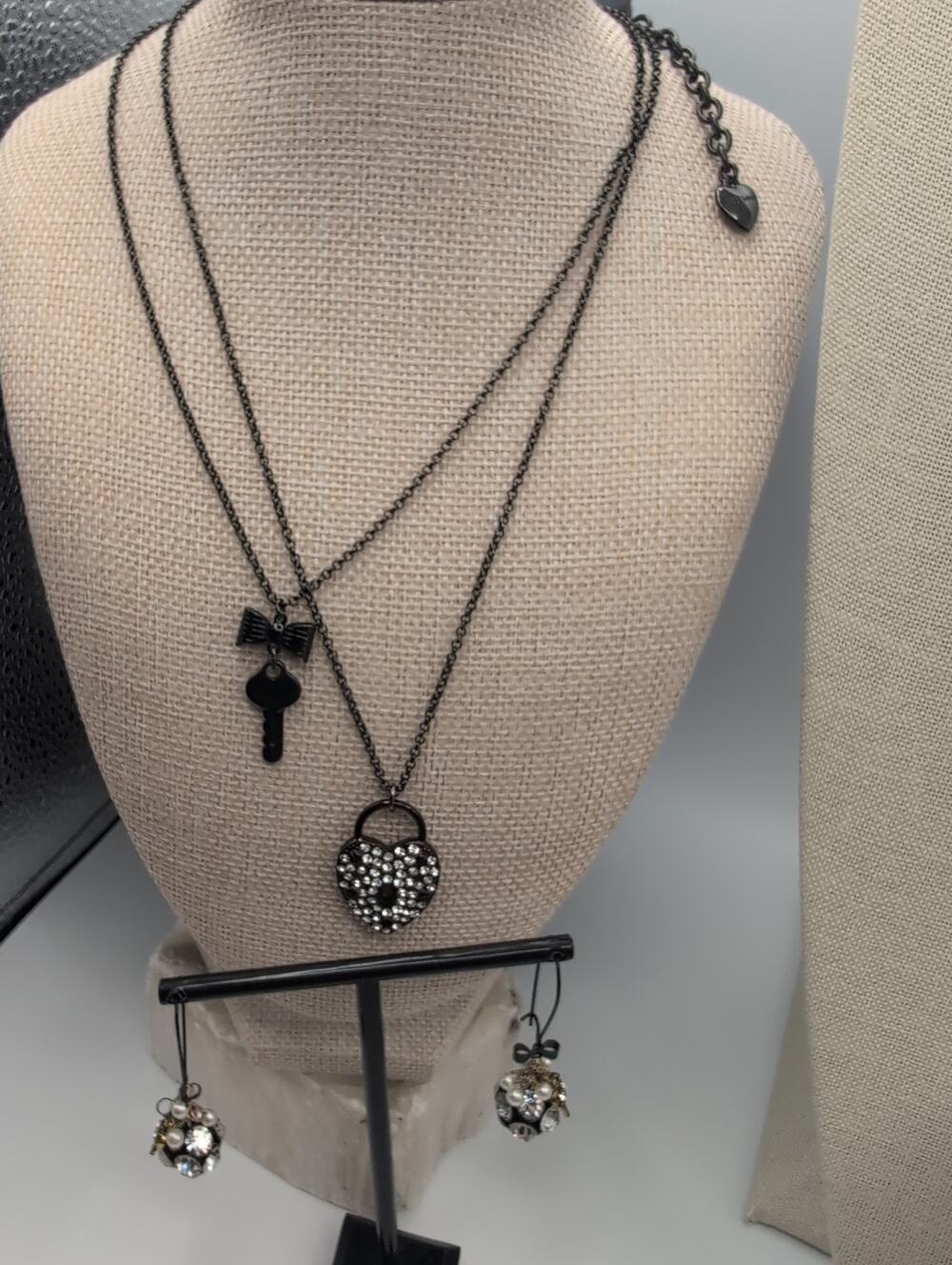 Betsey Johnson Crystal Key Double Strand Necklace and Earrings Set Balls Hearts